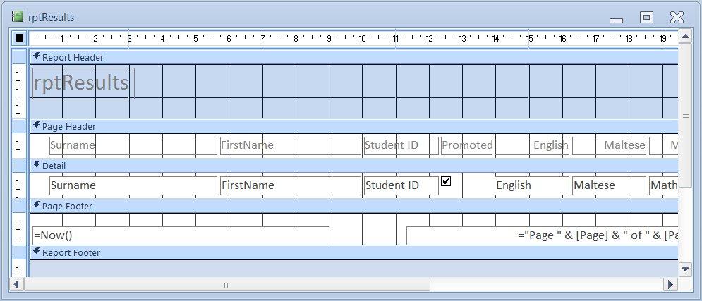 Considering the rptresults: the Report window (displayed above) shows the headings (Surname, Name, StudentID, Promoted etc.