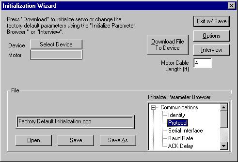Initialize Device For Modbus 1) Tools->Initialization Wizard 2) From the Initialize Parameter Browser, select Communications->Protocol 3) Select Modbus, 2 Stop Bits, No Parity.