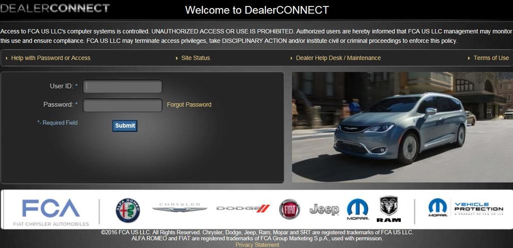 FCA dealer staff only Step #1 Using a computer that is connected to the Internet, open your browser (Chrome or Firefox are recommended) and