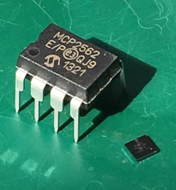 Protocols Figure 7: The Mercury chip is on the right; the chip on the left is a CAN transceiver (Photo: Canis) (this is a CAN error flag and causes the frame to be abandoned and arbitration to be