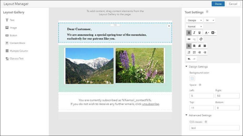 12 Email Ability to add spacing for text, images, creatives, and buttons You can now insert white spaces around email content such as text, images, creatives (within a content block), and buttons to