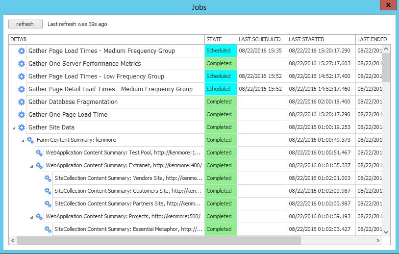 Viewing the Status of Data Collection Jobs You can view the current status of all active data collection jobs in one or more farms including whether the job is currently Running, is Completed, or is