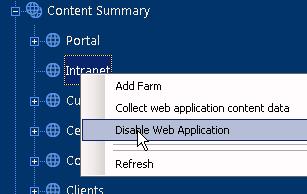 To temporarily disable data collection for a Web application: Use one of the following options: In the Management Console tree, expand the Content Summary node, then select the Web application for