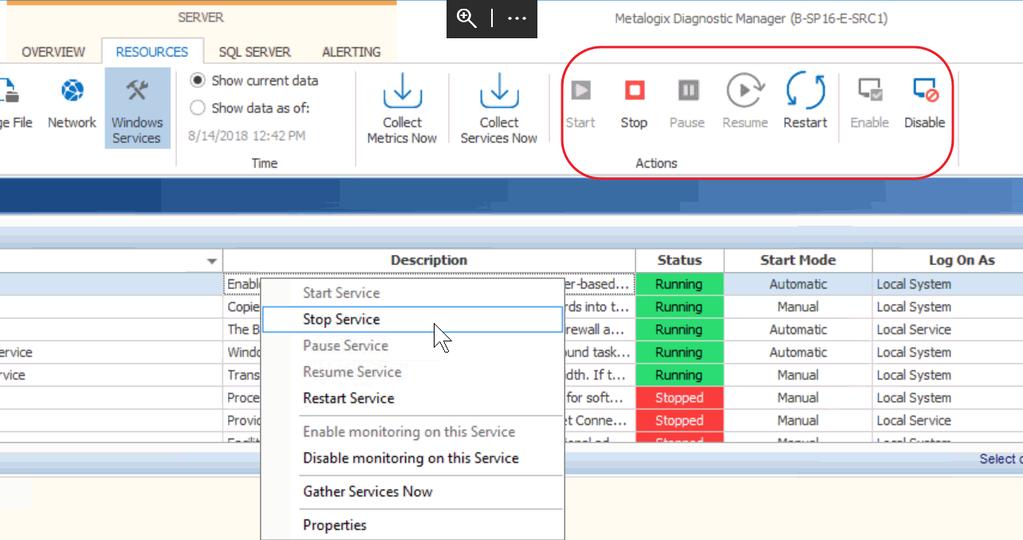 Acting on Windows Services From the Management Console, you can perform the same actions on Windows Services that you can from the server on which the Services reside.