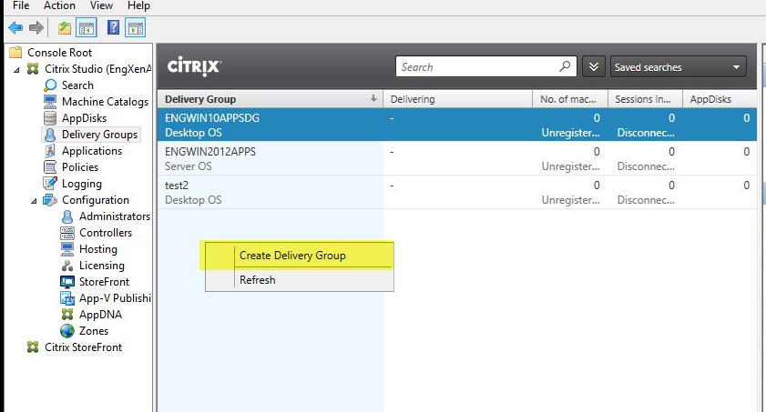 5.4 Create a Delivery Group and Add Application(s) 5.4.1 Select Delivery Groups in the left Window.