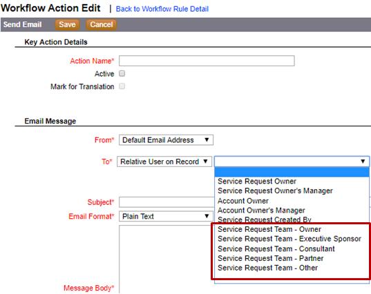 Workflows Ability to Select Service Request and Lead Team as 'Relative User on Record' in Send Email and Create Task Workflow Actions Prior to Release 35, in the Send Email and Create Task workflow