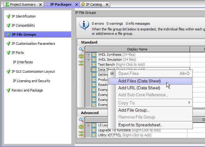 IP Packaging Steps X-Ref Target - Figure 4-12 Figure 4-12: Add a Data Sheet File to the Package 2.