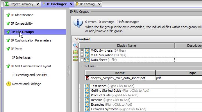 IP Packaging Steps X-Ref Target - Figure 4-13 Figure 4-13: Verify that the Data Sheet was Added 5. Repeat steps 1-4 to add the file named my_complex_mult_release_notes.