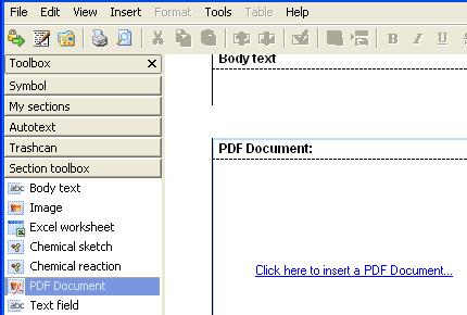 PDF section Add a PDF Document section by double clicking in the section toolbox.