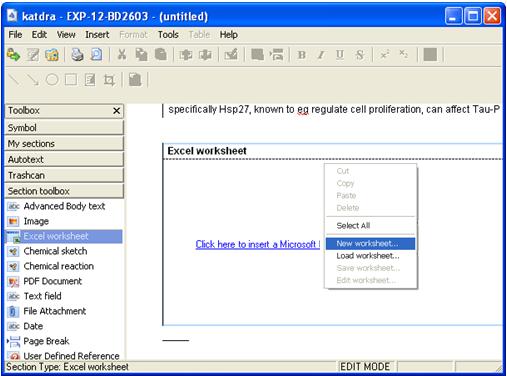 Excel section Add an Excel section by double clicking on the Excel worksheet in the Section tool box. You can import an Excel file or start with a blank sheet.