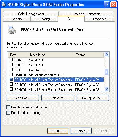 Step 4 : From Ports page, Windows XP has assigned a virtual printer port - BTH003 to your EPSON Stylus Photo 830U series (Adm_Dept) printer.