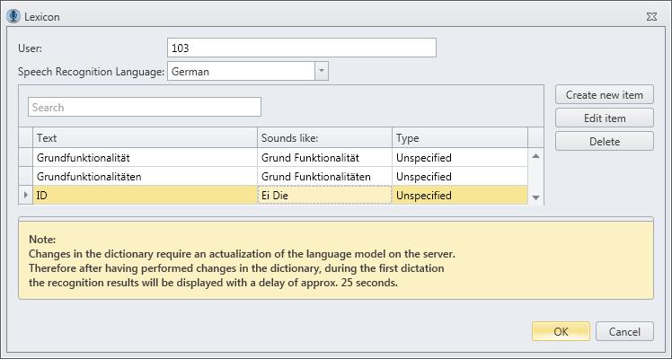 7.2. Lexicon In the user dictionary (Button Lexicon) you can create, adapt or delete entries for your licensed language.