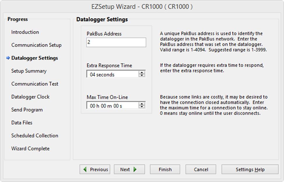 d. Input the PakBus Address of the datalogger. FIGURE 4-6. Setup screen (EZ View) Datalogger Settings 4.2.3 Step 3 Connect 5. Specifications e.