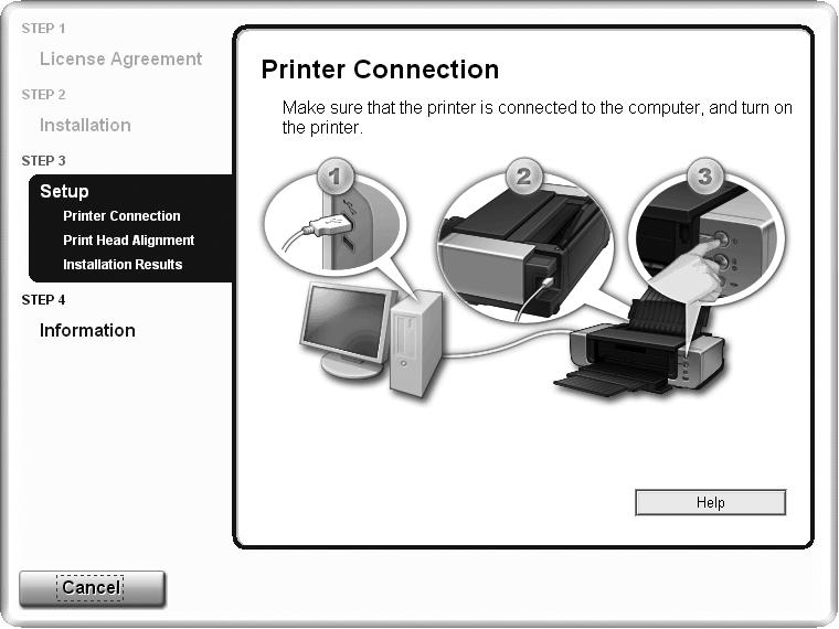 5 Windows Macintosh 9 10 A When the Printer Connection screen appears, connect the printer to the computer with a USB cable. Turn on the printer (A).