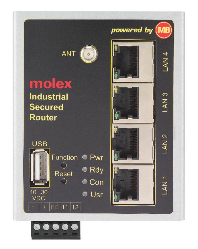 Industrial Secured Routers Molex Industrial Secured Routers provide a firewalled, seamless integration of a machine into a factory network through cyber-secured remote access, while still designed to