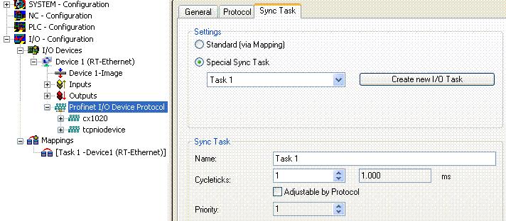 TwinCAT supplement Fig. 10: "Sync Task" tab Next, a box is integrated in the form of a GSDML (right click on "PROFINET I/O Device Protocol").