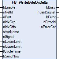 Event driven data exchange 3.4 FB_WriteByteOnDelta The function block enables event-driven writing of a variable of type BYTE.