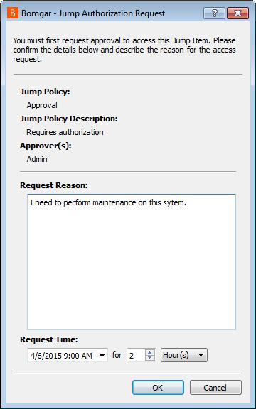 You can choose to proceed with the Jump and send a notification, or you can cancel the Jump. If a Jump policy requires authorization before the Jump can be performed, a dialog opens.
