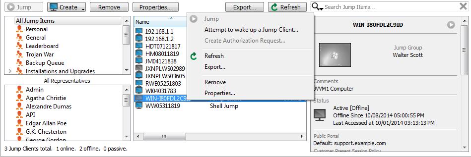Depending on the permissions set by your administrator, you may also be able to wake up a selected Jump Client by broadcasting Wake-on-LAN (WOL) packets through another Jump Client on the same