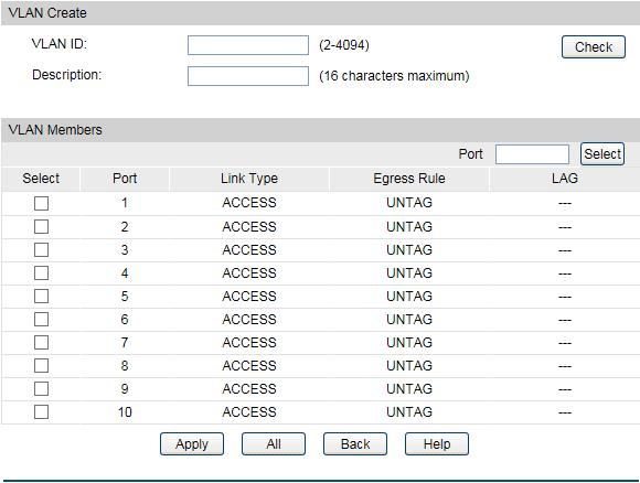 Select: VLAN ID: Name: Members: Operation: Select the desired entry to delete the corresponding VLAN. It is multi-optional. Displays the ID number of VLAN. Displays the user-defined name of VLAN.