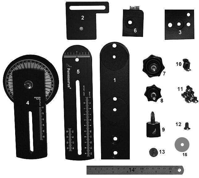 Parts List 1. Upright metal arm 2. Offset camera mounting plate 3. Camera mounting block 4. Rotator assembly 5. Upper horizontal arm 6. Upright arm brace block 7.