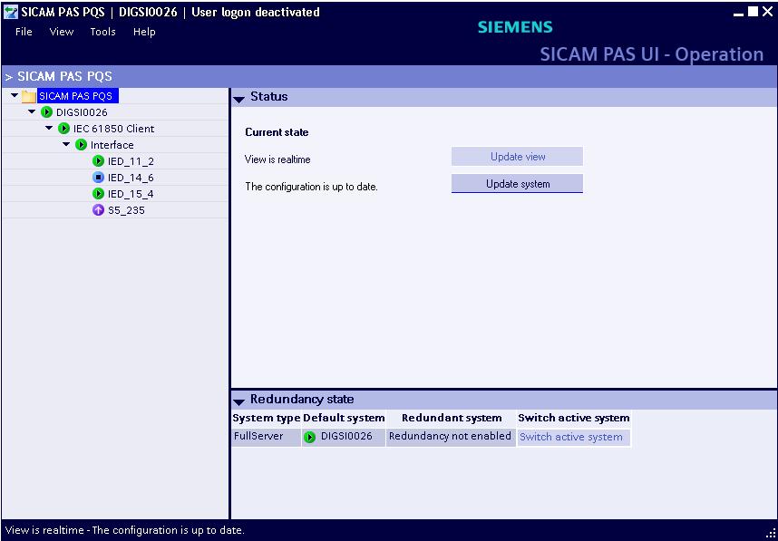 Open SICAM PAS V7 UI-Operation in the Siemens Energy folder of the Windows start menu. Click on Update system -button. The update takes a few minutes.