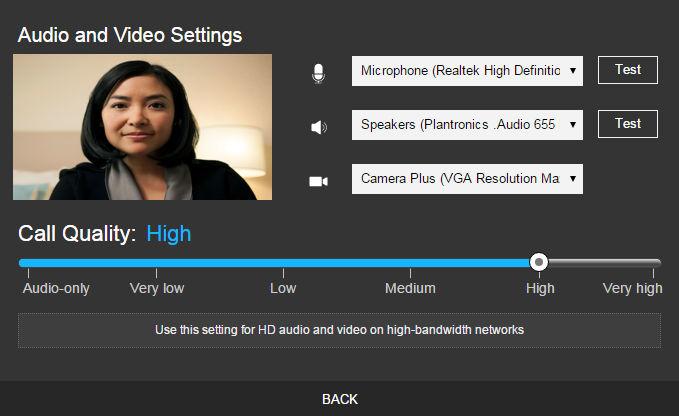 On the Audio and Video Settings screen, choose your Microphone, Speaker, and Camera components. 3. Use the Test buttons to ensure that your microphone and speaker are working.