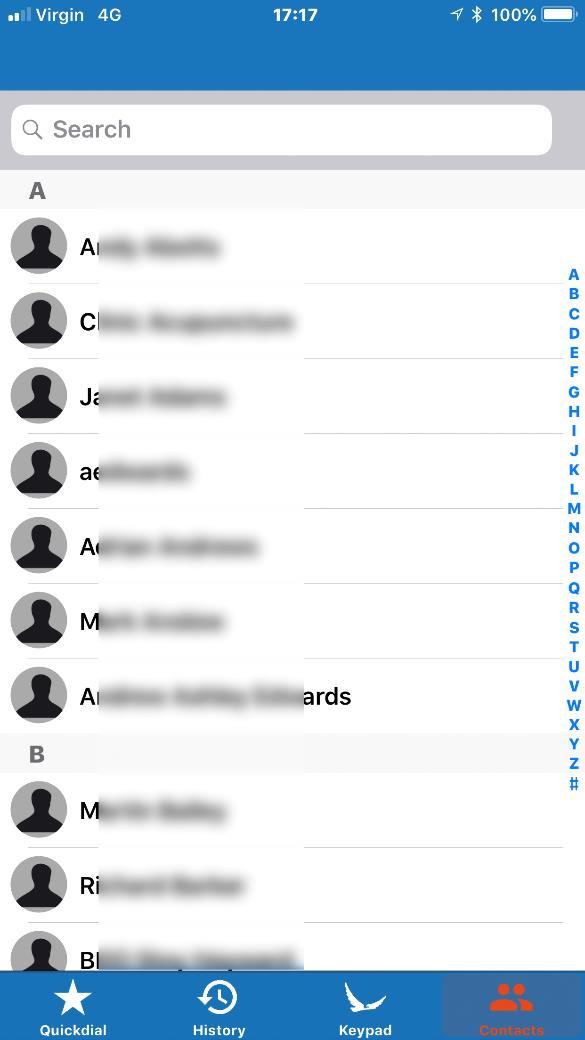 Contacts Tab Upon setup the app will ask for permission to access your phone contacts.