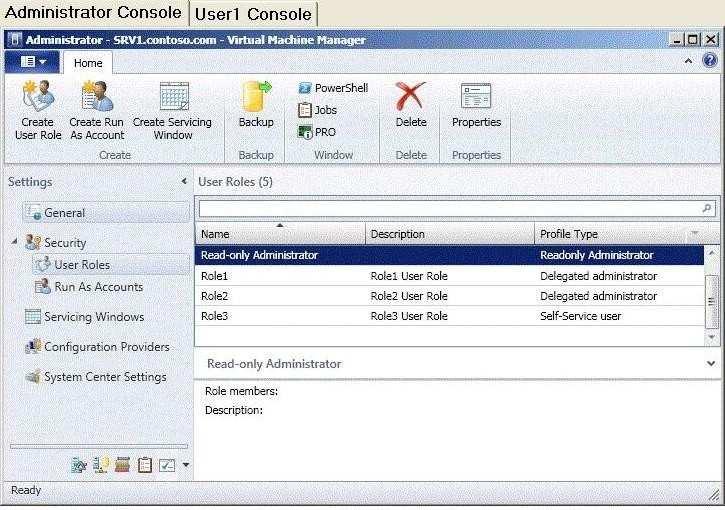 You open the VMM Administrator Console as shown in the Administrator Console exhibit. (Click the Exhibit button.) A user named User1 is a member of Role2 and Role3.
