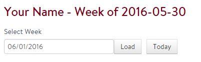 Adding New Time Entries Select Week (Step 1) By default the time sheet will navigate to the week of the current date. To select a different date use the field titled Select Week.