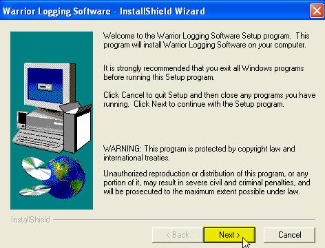 The Install Shield Wizard will begin, and bring up the recommendations and copyright warning window.
