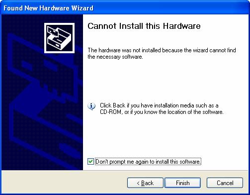 FIG:25 CYSTD Driver In the event that you get an unable to install new hardware notification, click the [<Back] button.