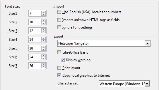 Figure 19: Choosing HTML compatibility options Font sizes Use these fields to define the respective font sizes for the HTML <font size=1> to <font size=7> tags, if they are used in the HTML pages.