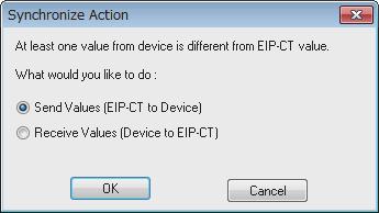 Send Values(EIP-CT to Device): Writes the values displayed on the [Online Parameters] tab to the EtherNet/IP device.