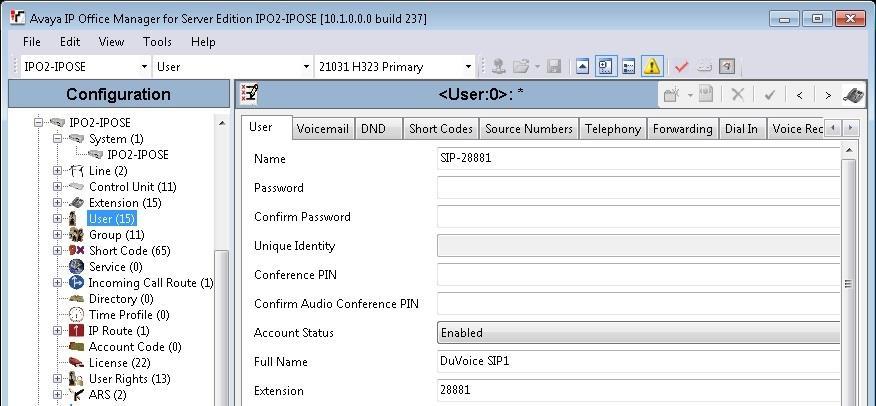 5.5. Administer SIP Users From the configuration tree in the left pane, right-click on User under the IP Office system that
