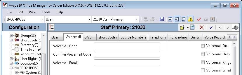 5.9. Administer Voicemail Users From the configuration tree in the left pane, select the first user under the primary IP Office system from