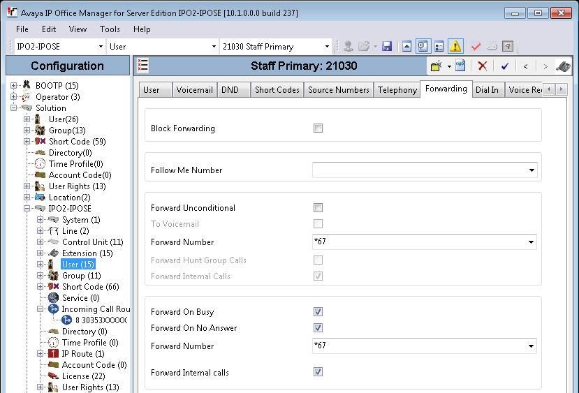Select the Forwarding tab. Set the Forward Number to the Forward Number short code from Section 5.8.2.