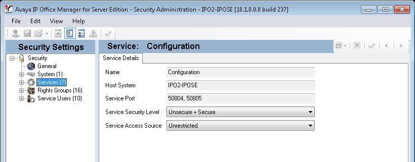 5.11. Administer Security Service From the configuration tree in the left pane, select the primary IP Office system, in this case IPO2-IPOSE (not shown), followed by