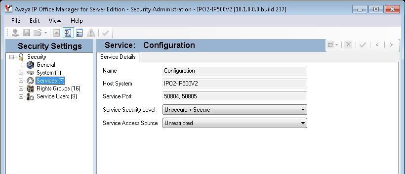 Select Security Services in the left pane to display the Service: Configuration screen in the right pane.