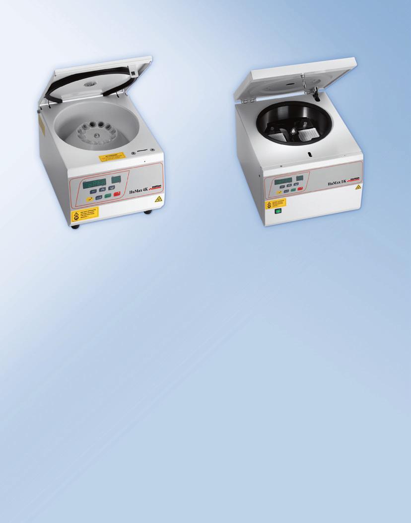 Sample Preparation Flexible Solutions HuMax 4K Small capacity bench-top centrifuge > Maximum speed 5000 rpm > Maximum RCF 2822 x g > Low noise level > Maintenance-free brushless induction motor >