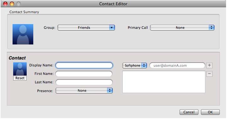 CounterPath Corporation 5.2 Managing Contacts and Groups Adding a Contact Click, or control-click a group and choose Add Contact to Group. The Contact dialog appears.