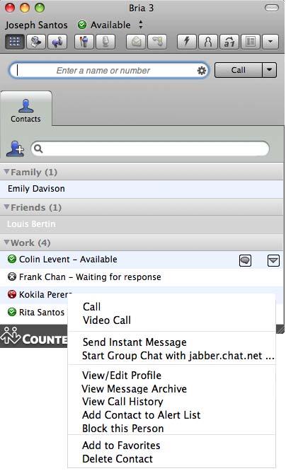 CounterPath Corporation 5.3 Using Contacts Hover to reveal icons. Click the phone icon to call using the primary phone number.