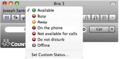 Bria 3 for Mac User Guide Enterprise Deployments Setting your Online Status Changing your Status Click the down arrow beside the online status indicator on Bria, and select the desired value.