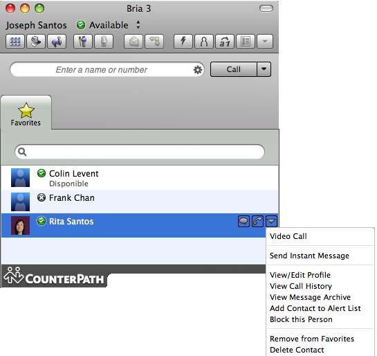 CounterPath Corporation 6.2 The Favorites Tab To view the Favorites tab go to the menu bar and choose View > Show Favorites. You can create favorites from your contact list.