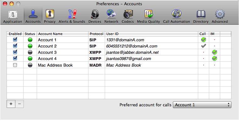 7 Configuring Bria From the menu bar, choose Bria > Preferences. The Preferences window appears. When configuring Bria the first time, click the Accounts tab and set up the account.