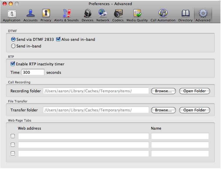 CounterPath Corporation Preferences Advanced Field Description Audio DTMF RTP Call Recording File Transfer Web Page Tabs Set this field as directed by your system administrator.