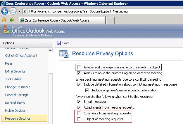Polycom Conferencing for Microsoft Outlook 3 Select Resource Settings from the Options bar and scroll to Resource Privacy Options.