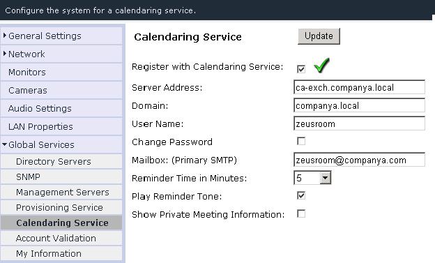 Polycom Conferencing for Microsoft Outlook Example Calendar Settings Figure B-9 shows the configuration using the method described in Option 1: Enable the user account for the room mailbox on page 77.