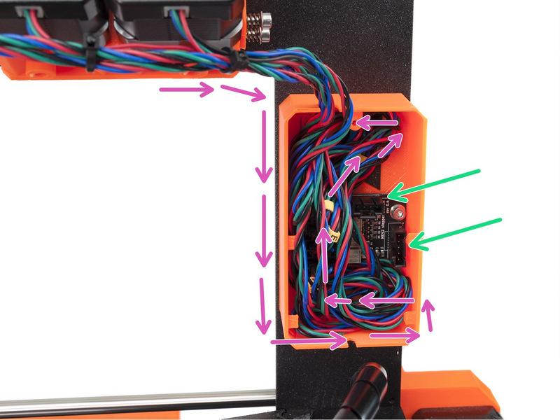 Arrange them similarly as shown with the arrows. Don't cover these two ports with the cables from extruders!