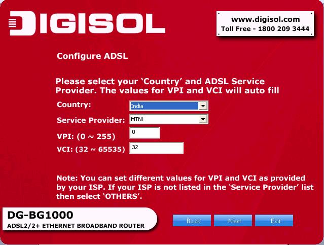 7. Configure the ADSL setting for the router in the following screen. Select the country and service provider from the drop-down list.